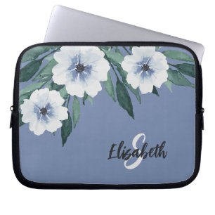 Housse Pour Ordinateur Portable Nom Monogrammé Floral Aquarelle Élégant Bleu