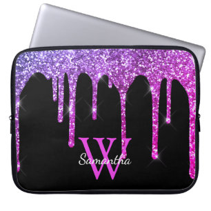 Housse Pour Ordinateur Portable Nom Monogramme Paillettes Rose Violet qui Dégoulin