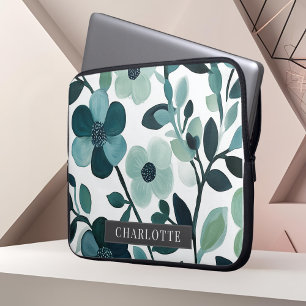 Housse Pour Ordinateur Portable Nom personnalisé Blue Aqua Floral Vines