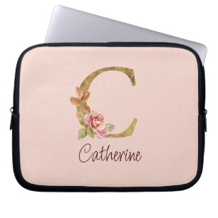 Housse Pour Ordinateur Portable Nom personnalisé Blush Rose Pâle Lettre C Or Feuil