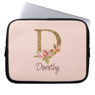 Housse Pour Ordinateur Portable Nom personnalisé Blush Roses Rose lettre D en feui