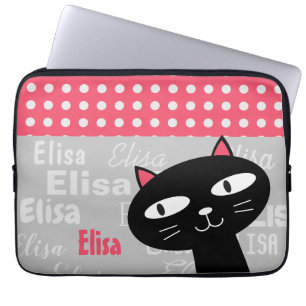 Housse Pour Ordinateur Portable Nom personnalisé des pois rose chat mignon