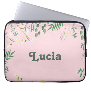 Housse Pour Ordinateur Portable Nom personnalisé feuilles verts sur rose