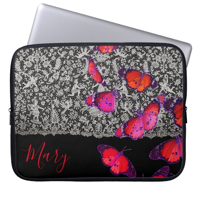 HOUSSE POUR ORDINATEUR PORTABLE NOM PERSONNALISÉ LACE ET BUTTERFLIS NEOPRENE COQUE (Devant)