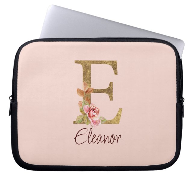 Housse Pour Ordinateur Portable Nom Personnalisé Lettre E Gold Foil Blush Rose (Devant)