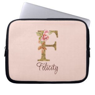 Housse Pour Ordinateur Portable Nom Personnalisé Lettre F Gold Foil Blush Roses Ro