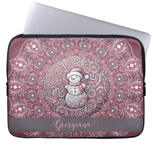 Housse Pour Ordinateur Portable Nom personnalisé mignon Whimsical Pink Snowman Man
