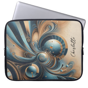Housse Pour Ordinateur Portable Nom personnalisé Moderne Fractal Bleu Or Chic