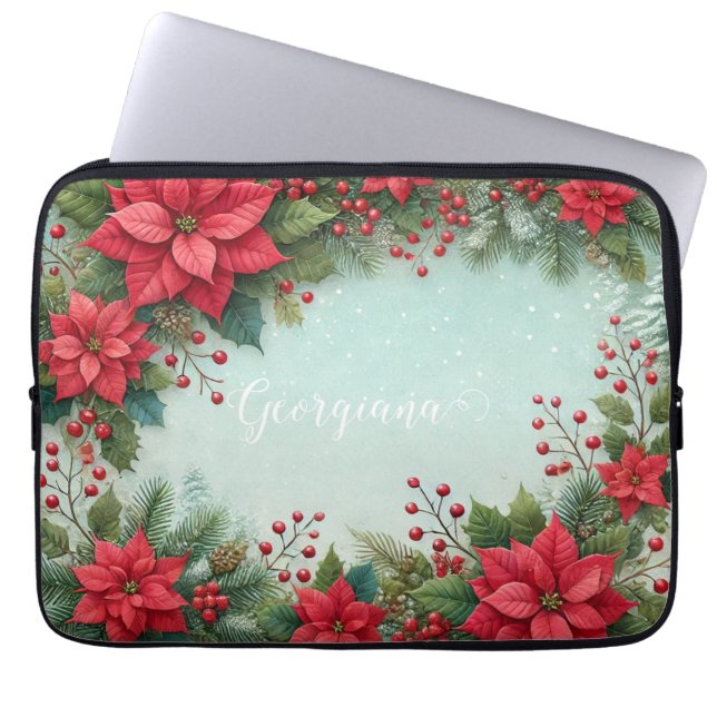 Housse Pour Ordinateur Portable Nom personnalisé Noël Floral Aquarelle Poinsettia (Devant)