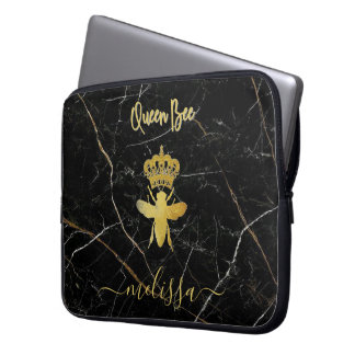 Housse Pour Ordinateur Portable Nom personnalisé REINE ABEILLE Marbre noir Or