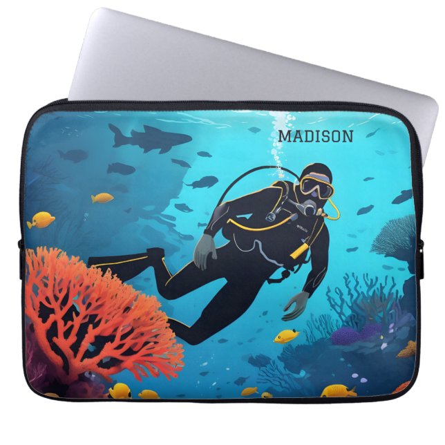 Housse Pour Ordinateur Portable Nom personnalisé Scuba Diver (Devant)