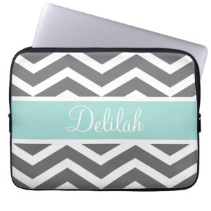 Housse Pour Ordinateur Portable Nom Turquoise gris blanc Chevron