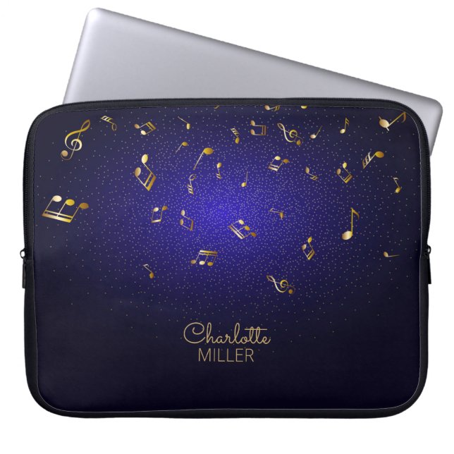 Housse Pour Ordinateur Portable Notes de musique Gold-Blue et nom personnalisé (Devant)