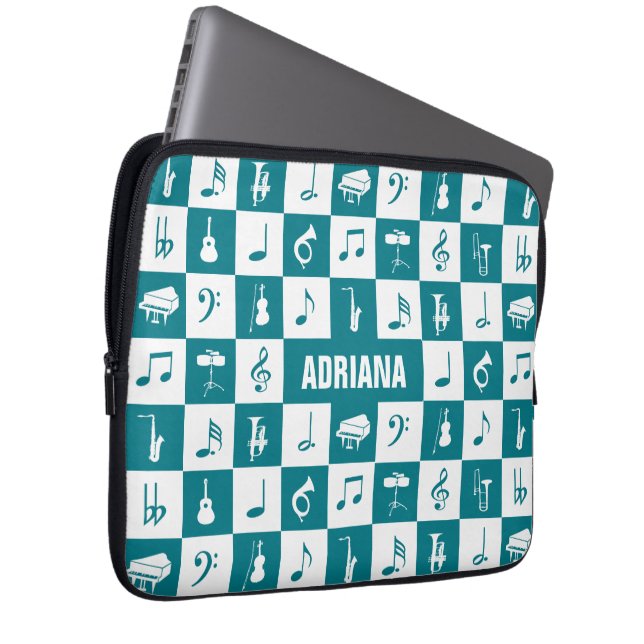 Housse Pour Ordinateur Portable Notes et instruments de musique turquoise et blanc (Devant droit)