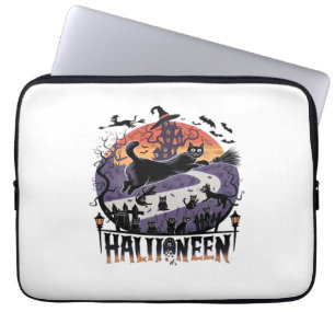 Housse Pour Ordinateur Portable Nuit éffrayante d'Halloween en Chat Noir - Vintage