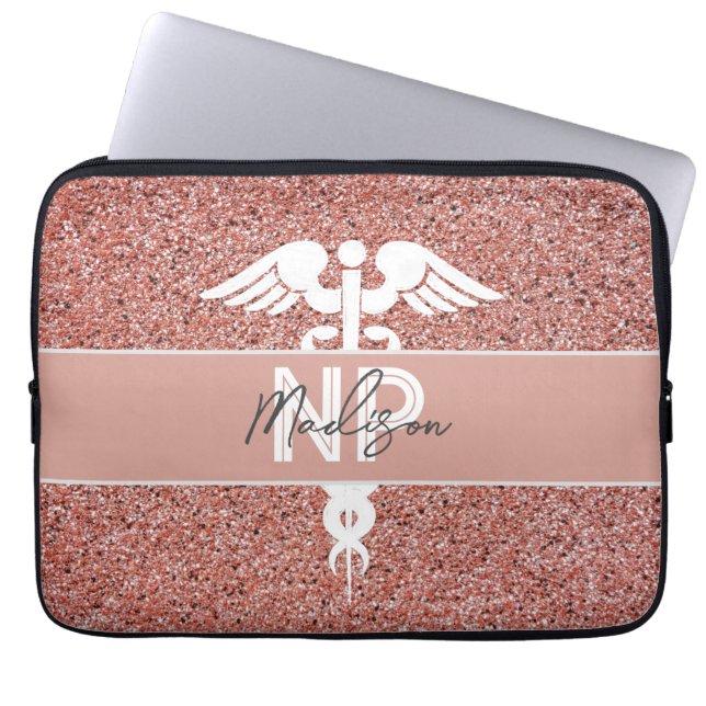 Housse Pour Ordinateur Portable Nurse Practitioner Pink Glitter Caduceus Monogram (Devant)