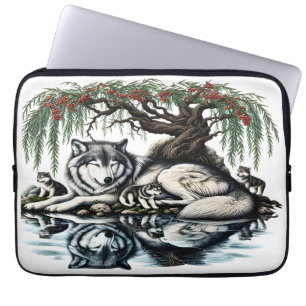 Housse Pour Ordinateur Portable Oasis de la famille des loups sereins dans la natu