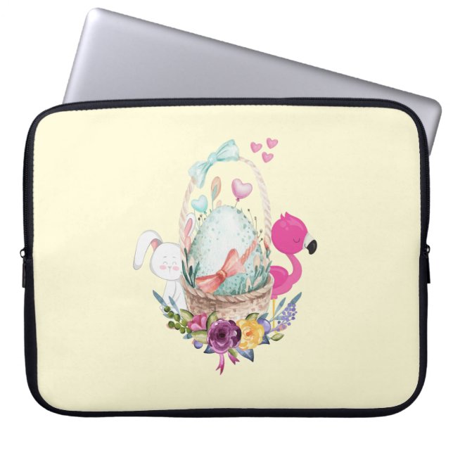 Housse Pour Ordinateur Portable Oeuf mignon, Flamant rose rose et lapin, Aquarelle (Devant)