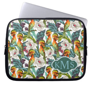 Housse Pour Ordinateur Portable Oiseau et monogramme exotique du motif de fleur