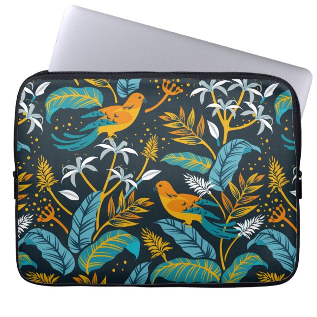 Housse Pour Ordinateur Portable Oiseaux de perroquets tropicaux et Motif Feuille c (Devant)