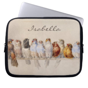 Housse Pour Ordinateur Portable Oiseaux Élégants Aquarelle Initiales Monogramme