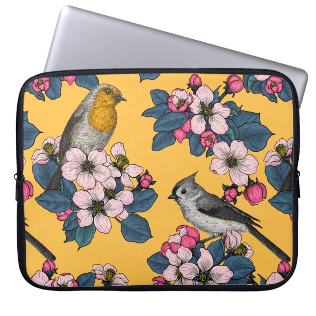 Housse Pour Ordinateur Portable Oiseaux et fleurs sur le jaune (Devant)