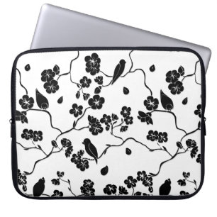 Housse Pour Ordinateur Portable Oiseaux Motifs noirs et blancs sur les fleurs de c