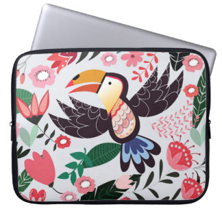 Housse Pour Ordinateur Portable Oiseaux tropicaux, motif de gribouillis à fleurs.