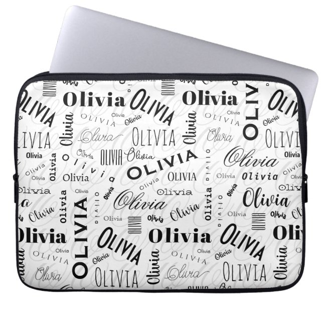 Housse Pour Ordinateur Portable Olivia Nom Personnalisé Noir Blanc  (Devant)