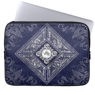 Housse Pour Ordinateur Portable Opulence ornée Flouris aux bijoux bleu et argent