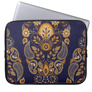 Housse Pour Ordinateur Portable Or et bleu, motif sans couture fleurie.