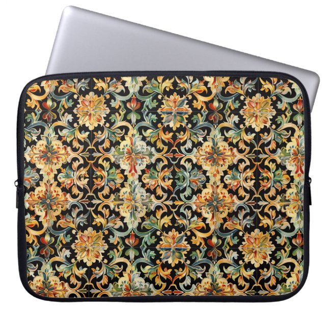 Housse Pour Ordinateur Portable Or fleuri sur noir (Devant)