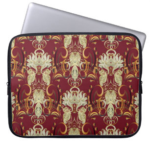 Housse Pour Ordinateur Portable Or rouge floral, motif vintage luxueux.