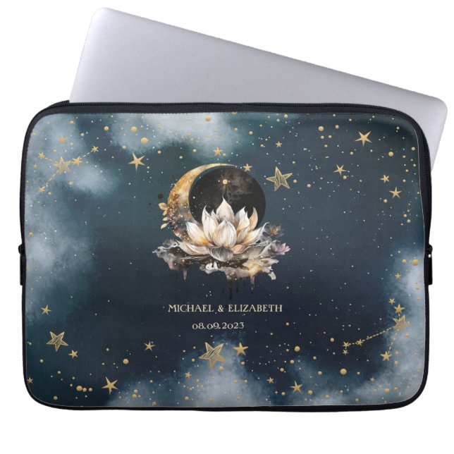 Housse Pour Ordinateur Portable Or Soleil Céleste, Lune, Étoiles Lotus Ciel Noctur (Devant)
