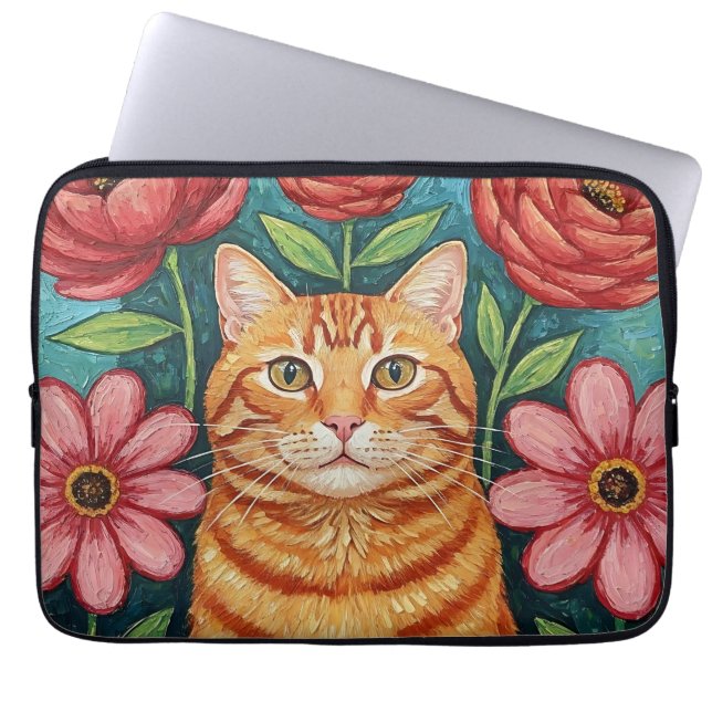 Housse Pour Ordinateur Portable Orange Cat Folk Art Flowers (Devant)