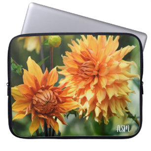 Housse Pour Ordinateur Portable Orange & Jaune Dahlia Fleurs de Jardin Monogramme