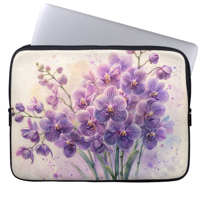 Housse Pour Ordinateur Portable Orchidées violettes contre l'aquarelle de crème (Devant)