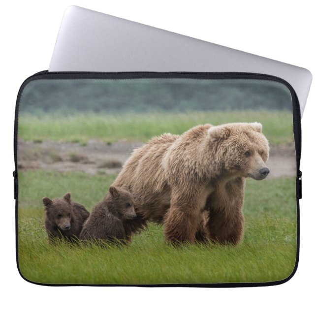 Housse Pour Ordinateur Portable Ours grizzly mère avec deux oursons (Devant)