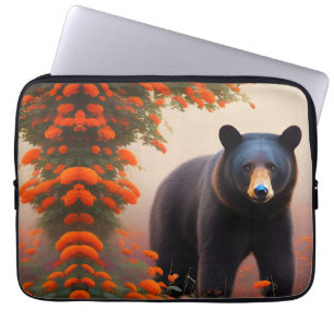 Housse Pour Ordinateur Portable Ours noir en fleurs orange