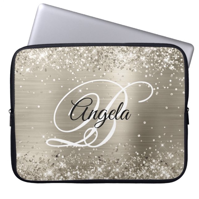 Housse Pour Ordinateur Portable Pailleté Platine Brosse Feuille Monogrammé (Devant)