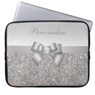Housse Pour Ordinateur Portable Paillettes, arc et diamant argentés personnalisé