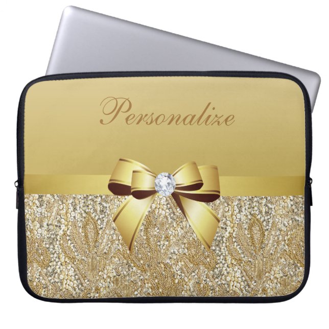 Housse Pour Ordinateur Portable Paillettes, arc et diamant d'or personnalisés (Devant)