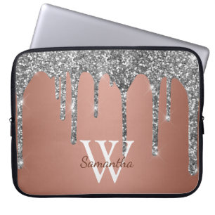 Housse Pour Ordinateur Portable Paillettes Argentées Monogramme en Or Rose