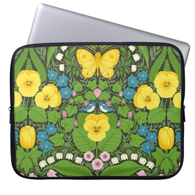 Housse Pour Ordinateur Portable Pansies jaunes, oiseaux et papillons (Devant)