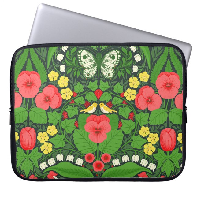 Housse Pour Ordinateur Portable Pansies rouges, oiseaux et papillons (Devant)
