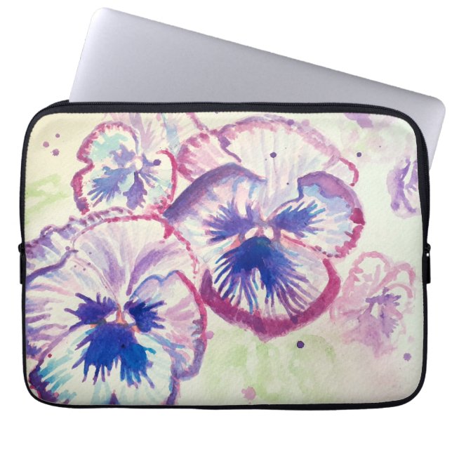 Housse Pour Ordinateur Portable Pansy Panies Purple Fleurs Florales Aquarelle Nom (Devant)