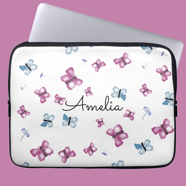 Housse Pour Ordinateur Portable Papillon bleu et rose à monogramme (Créateur téléchargé)