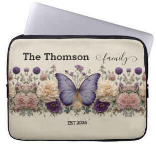 Housse Pour Ordinateur Portable Papillon Bleu Vintage avec Fleurs pour Famille
