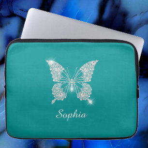 Housse Pour Ordinateur Portable Papillon Diamant Blanc, Nom du script, Turquoise p