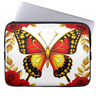 Housse Pour Ordinateur Portable Papillon Doré Avec Des Roses Rouges Et Des Feuille